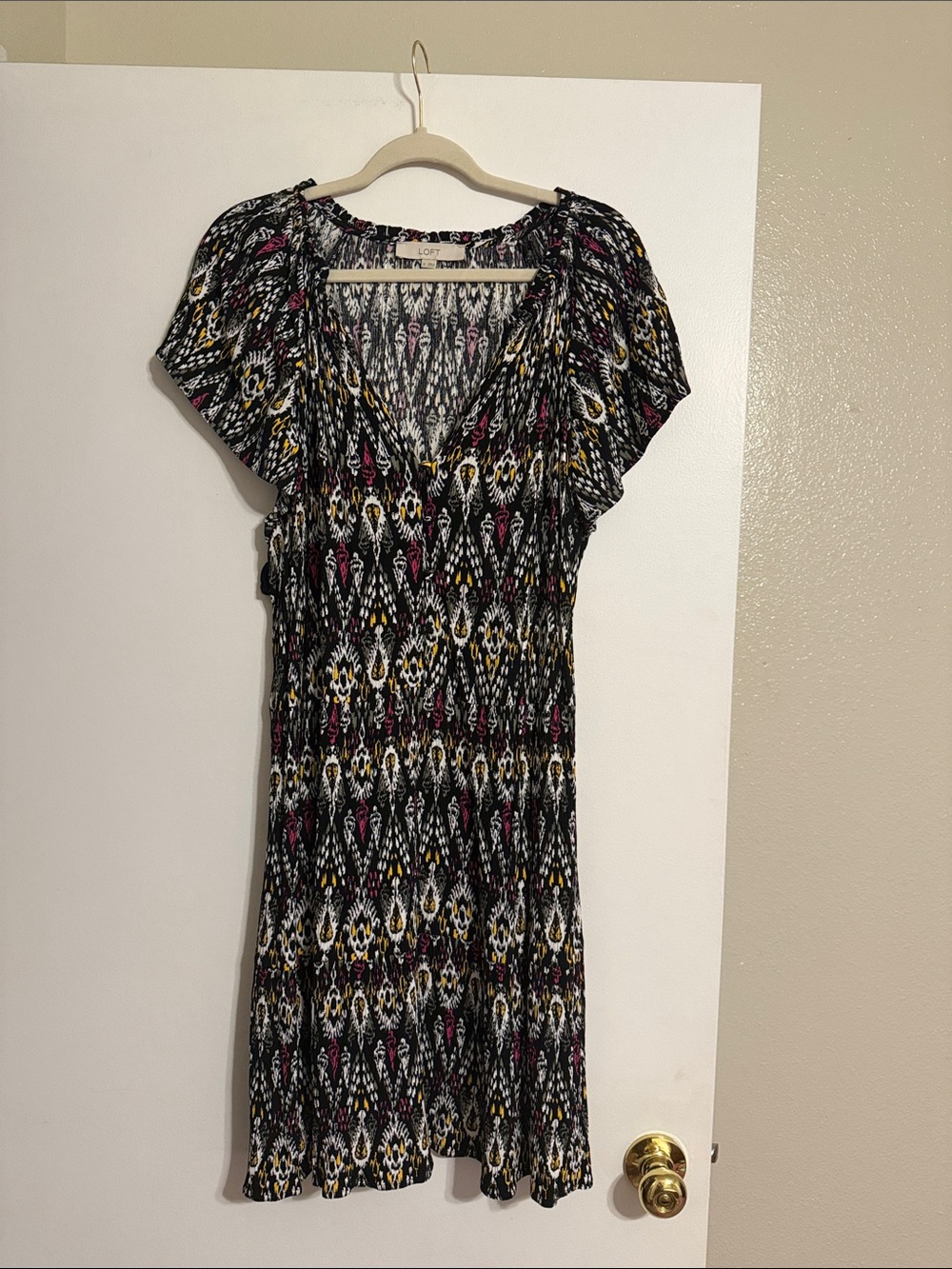 LOFT Black Multi-Print V-Neck Dress with Flutter Sleeves